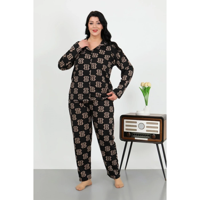 Moda Çizgi Kadın Büyük Beden Pamuklu Cepli Düğmeli Siyah Pijama Takım 202506