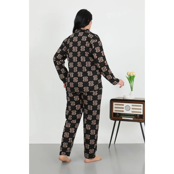 Moda Çizgi Kadın Büyük Beden Pamuklu Cepli Düğmeli Siyah Pijama Takım 202506