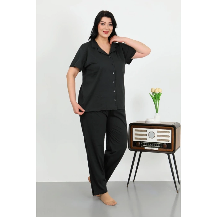 Moda Çizgi Kadın Büyük Beden Pamuklu Cepli Düğmeli Siyah Pijama Takım 202507