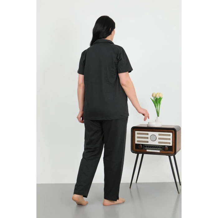 Moda Çizgi Kadın Büyük Beden Pamuklu Cepli Düğmeli Siyah Pijama Takım 202507