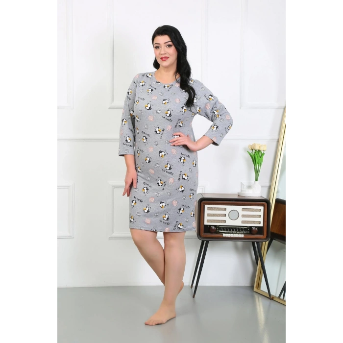 Moda Çizgi Kadın Büyük Beden Penye Gecelik Ev Elbisesi Gri 12507