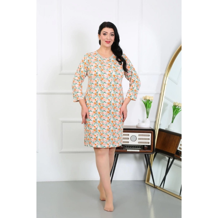 Moda Çizgi Kadın Büyük Beden Penye Gecelik Ev Elbisesi Krem 12507