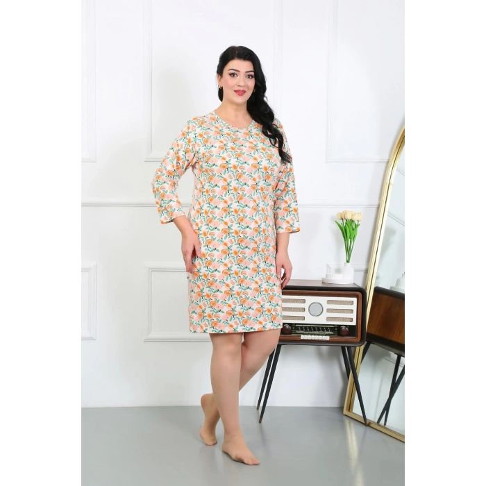 Moda Çizgi Kadın Büyük Beden Penye Gecelik Ev Elbisesi Krem 12507