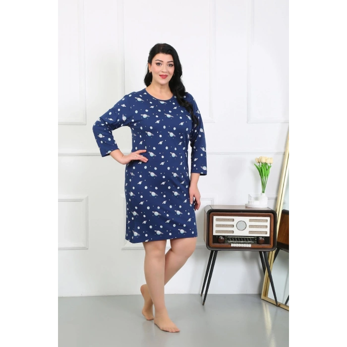 Moda Çizgi Kadın Büyük Beden Penye Gecelik Ev Elbisesi Lacivert 12507