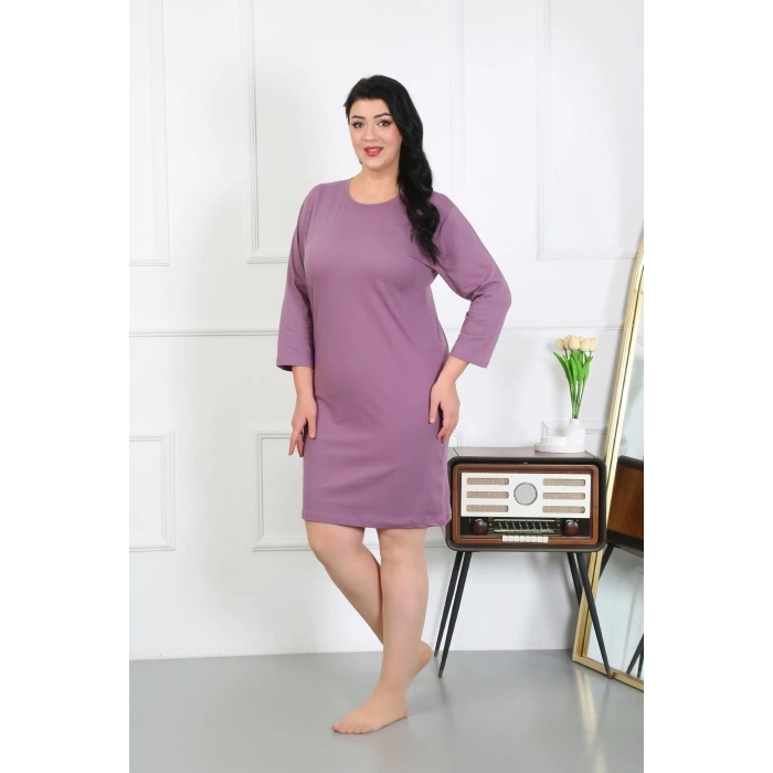 Moda Çizgi Kadın Büyük Beden Penye Gecelik Ev Elbisesi Mürdüm 12506