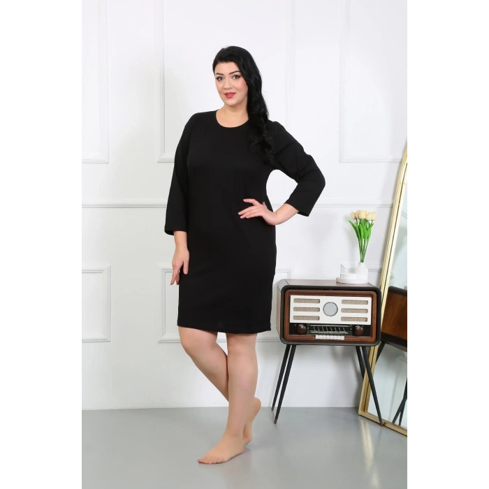 Moda Çizgi Kadın Büyük Beden Penye Gecelik Ev Elbisesi Siyah 12506