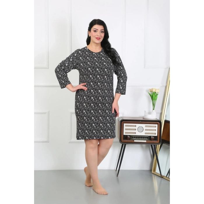 Moda Çizgi Kadın Büyük Beden Penye Gecelik Ev Elbisesi Siyah 12507