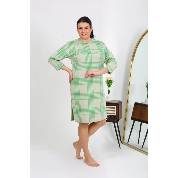 Moda Çizgi Kadın Büyük Beden Penye Gecelik Ev Elbisesi Yeşil 12508