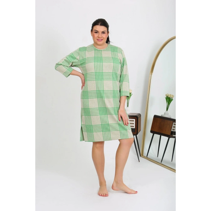 Moda Çizgi Kadın Büyük Beden Penye Gecelik Ev Elbisesi Yeşil 12508