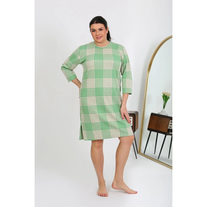 Moda Çizgi Kadın Büyük Beden Penye Gecelik Ev Elbisesi Yeşil 12508