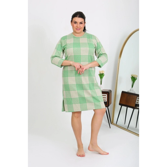 Moda Çizgi Kadın Büyük Beden Penye Gecelik Ev Elbisesi Yeşil 12508