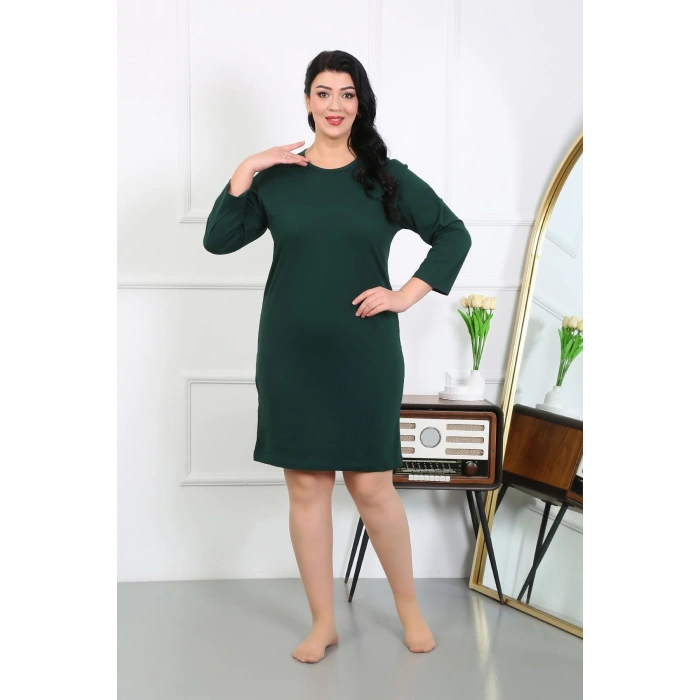 Moda Çizgi Kadın Büyük Beden Penye Gecelik Ev Elbisesi Zümrüt Yeşili 12506