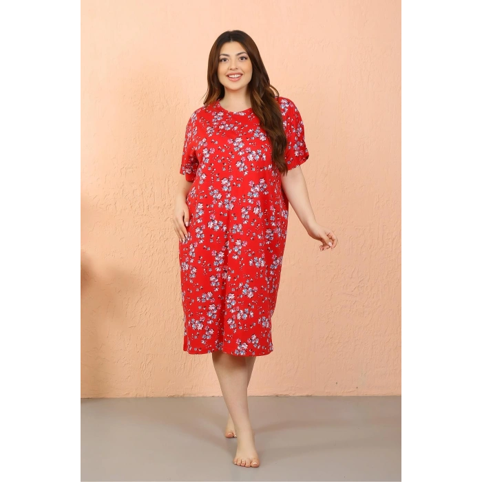 Moda Çizgi Kadın Büyük Beden Penye Kısa Kol Gecelik 12505