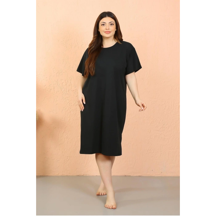 Moda Çizgi Kadın Büyük Beden Penye Kısa Kol Siyah Gecelik 12502
