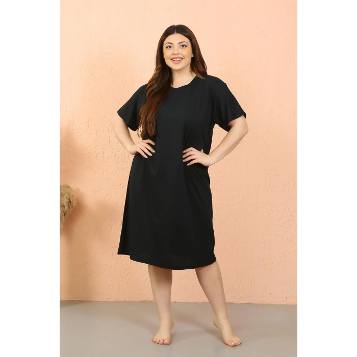 Moda Çizgi Kadın Büyük Beden Penye Kısa Kol Siyah Gecelik 12502