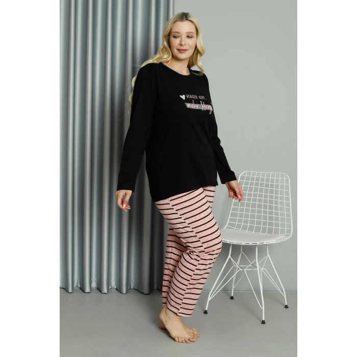 Moda Çizgi Kadın Büyük Beden Penye Uzun Kol Pijama Takım 202210