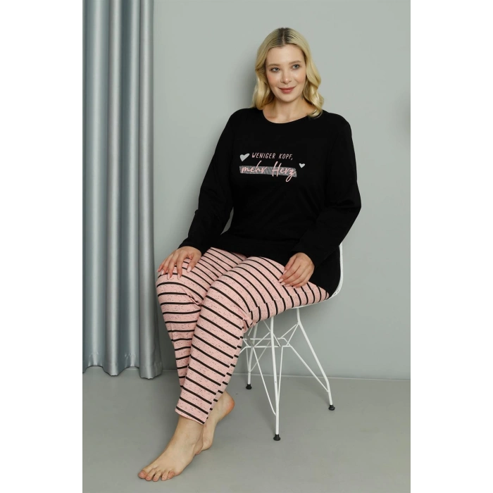 Moda Çizgi Kadın Büyük Beden Penye Uzun Kol Pijama Takım 202210