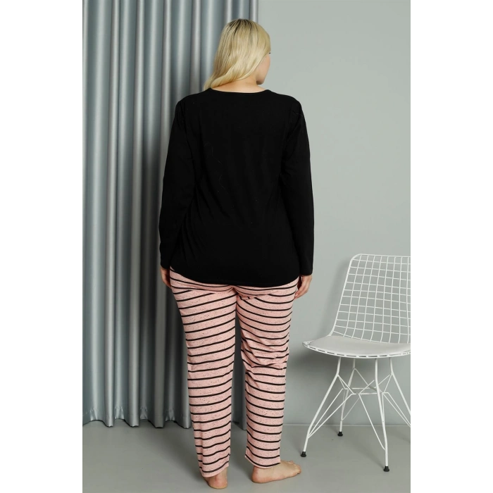 Moda Çizgi Kadın Büyük Beden Penye Uzun Kol Pijama Takım 202210