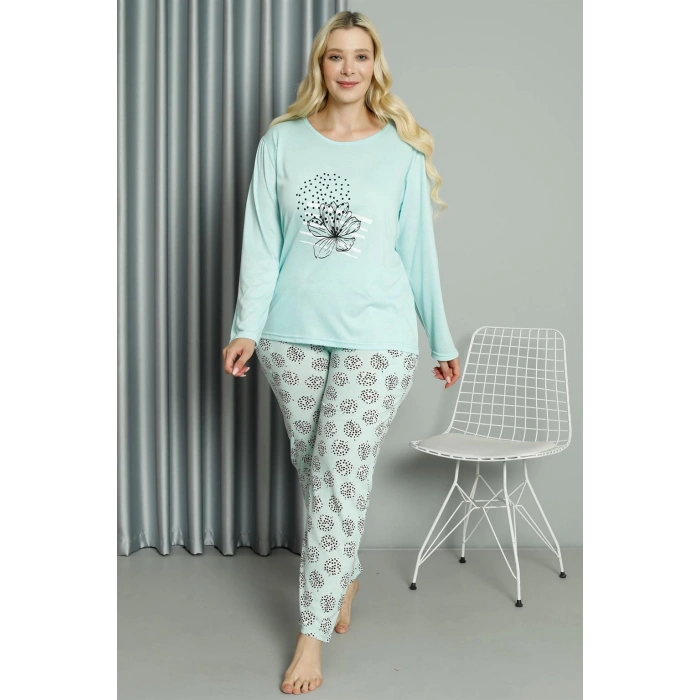 Moda Çizgi Kadın Büyük Beden Penye Uzun Kol Pijama Takım 202211