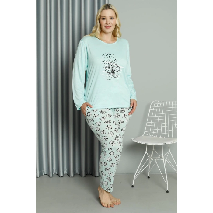 Moda Çizgi Kadın Büyük Beden Penye Uzun Kol Pijama Takım 202211