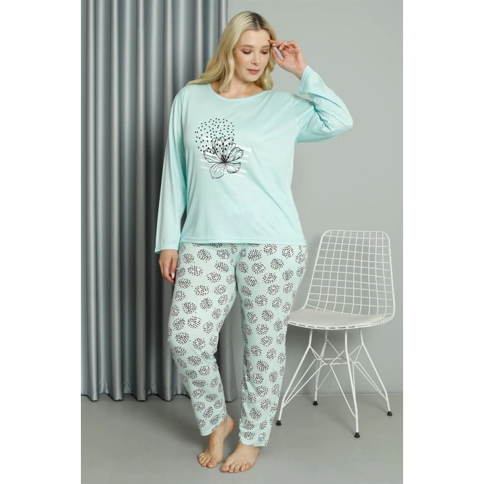 Moda Çizgi Kadın Büyük Beden Penye Uzun Kol Pijama Takım 202211