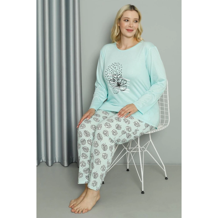Moda Çizgi Kadın Büyük Beden Penye Uzun Kol Pijama Takım 202211