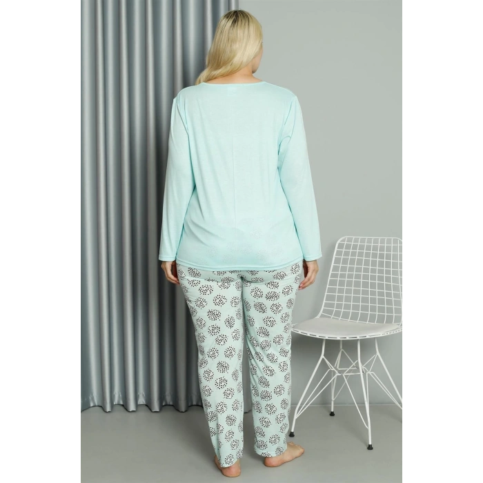 Moda Çizgi Kadın Büyük Beden Penye Uzun Kol Pijama Takım 202211