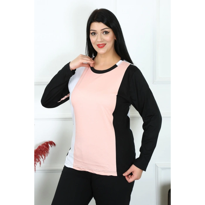 Moda Çizgi Kadın Büyük Beden Penye Uzun Kol Pijama Takım 202213