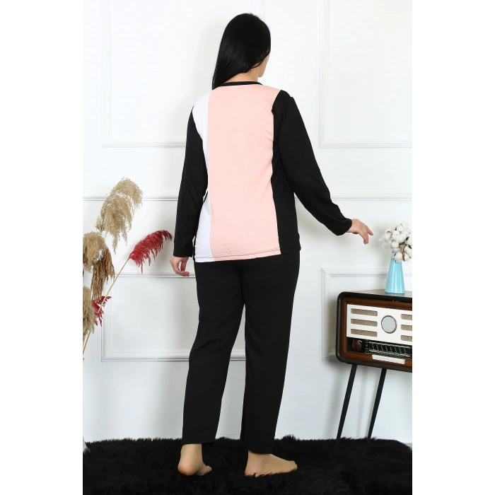 Moda Çizgi Kadın Büyük Beden Penye Uzun Kol Pijama Takım 202213