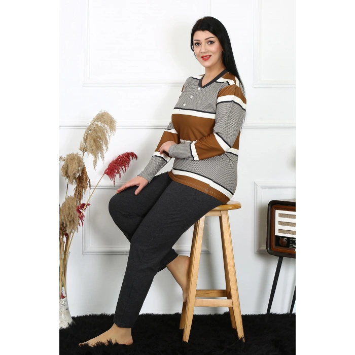 Moda Çizgi Kadın Büyük Beden Penye Uzun Kol Pijama Takım 202214