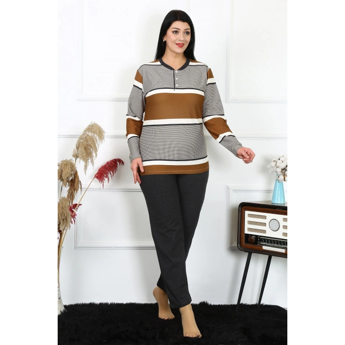 Moda Çizgi Kadın Büyük Beden Penye Uzun Kol Pijama Takım 202214