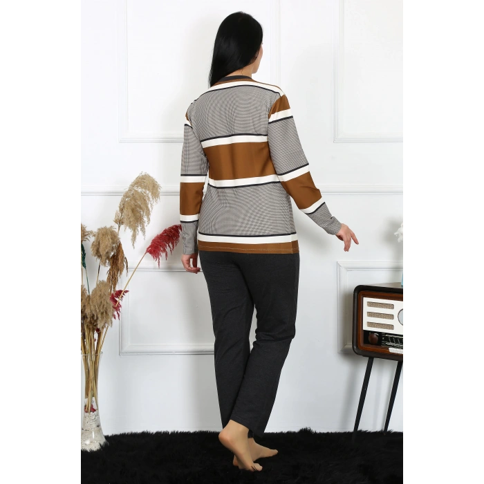 Moda Çizgi Kadın Büyük Beden Penye Uzun Kol Pijama Takım 202214