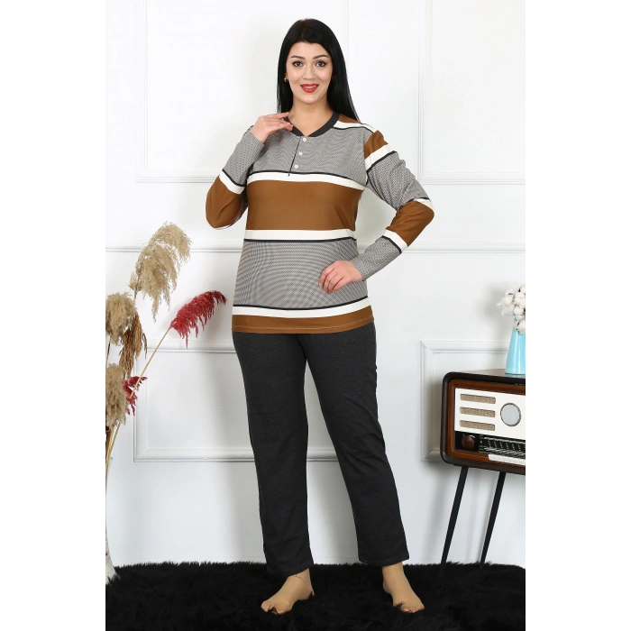 Moda Çizgi Kadın Büyük Beden Penye Uzun Kol Pijama Takım 202214