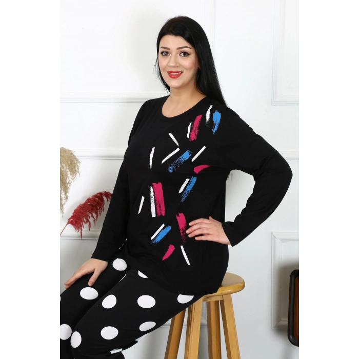 Moda Çizgi Kadın Büyük Beden Penye Uzun Kol Pijama Takım 202215