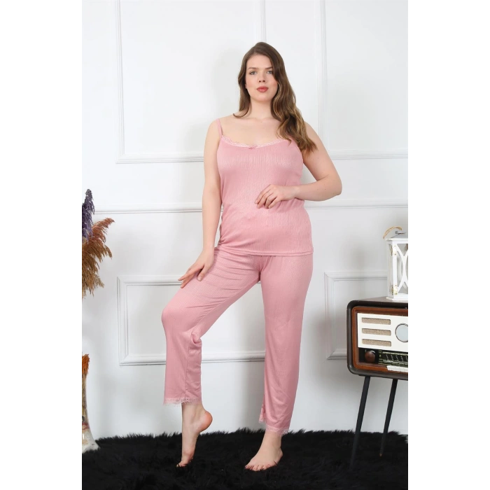 Moda Çizgi Kadın Büyük Beden Pudra İp Askılı Pijama Takım 202195