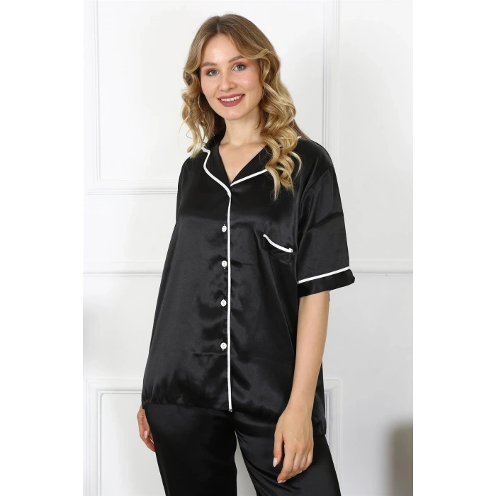 Moda Çizgi Kadın Büyük Beden Siyah Saten Pijama Takımı 10303