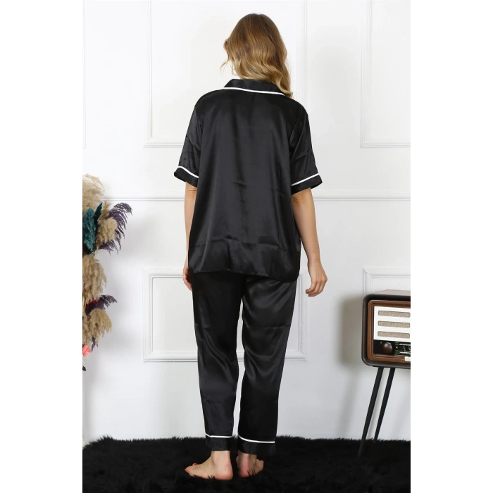 Moda Çizgi Kadın Büyük Beden Siyah Saten Pijama Takımı 10303
