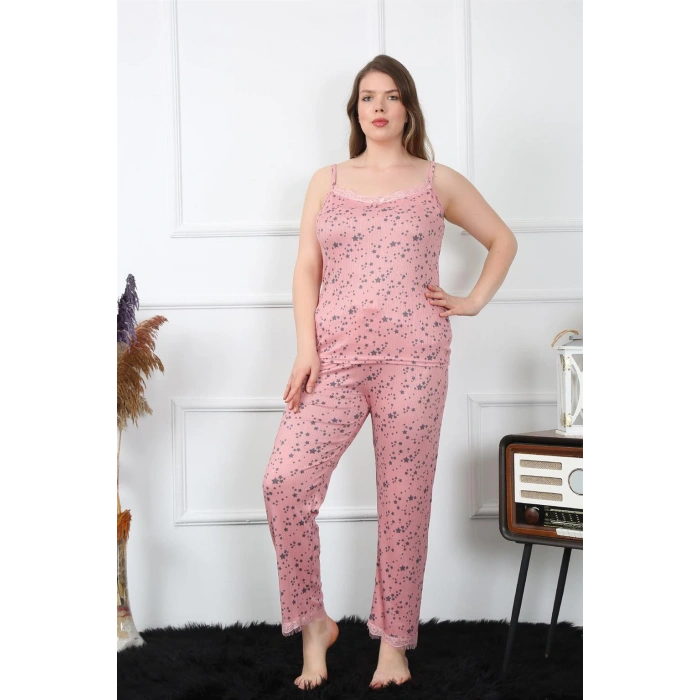 Moda Çizgi Kadın Büyük Beden Somon İp Askılı Pijama Takım 202198