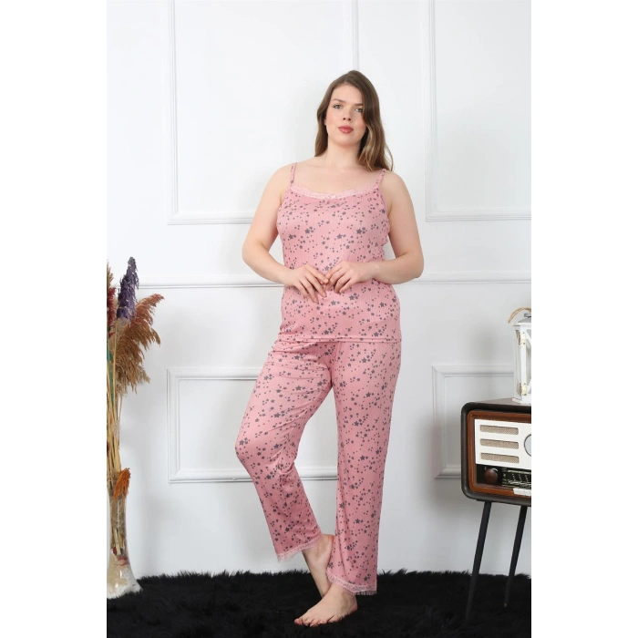 Moda Çizgi Kadın Büyük Beden Somon İp Askılı Pijama Takım 202198