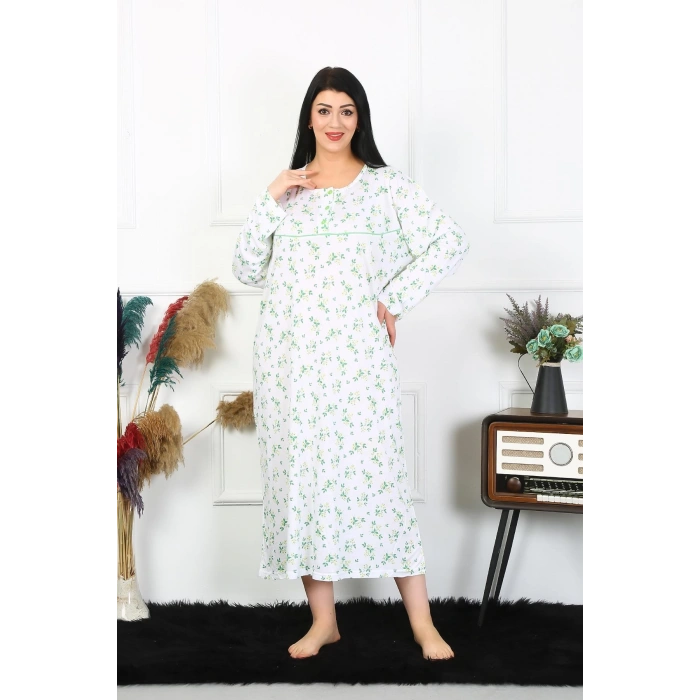 Moda Çizgi Kadın Büyük Beden Uzun Kol Beyaz Anne Gecelik 1363