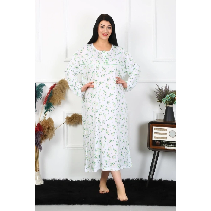 Moda Çizgi Kadın Büyük Beden Uzun Kol Beyaz Anne Gecelik 1363