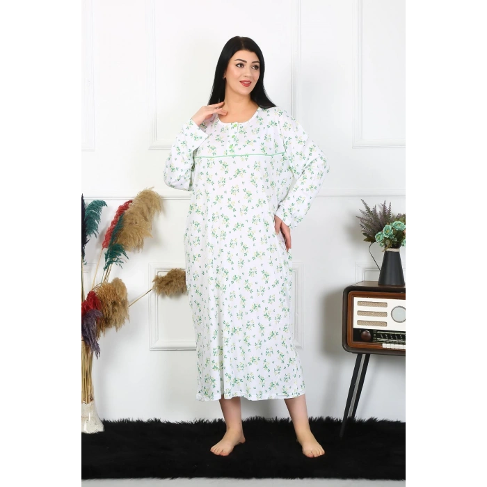 Moda Çizgi Kadın Büyük Beden Uzun Kol Beyaz Anne Gecelik 1363