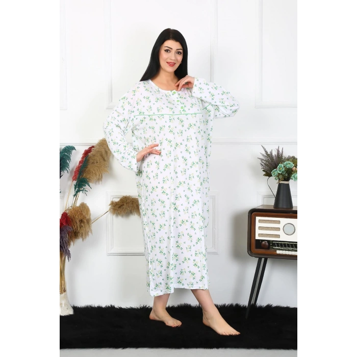 Moda Çizgi Kadın Büyük Beden Uzun Kol Beyaz Anne Gecelik 1363