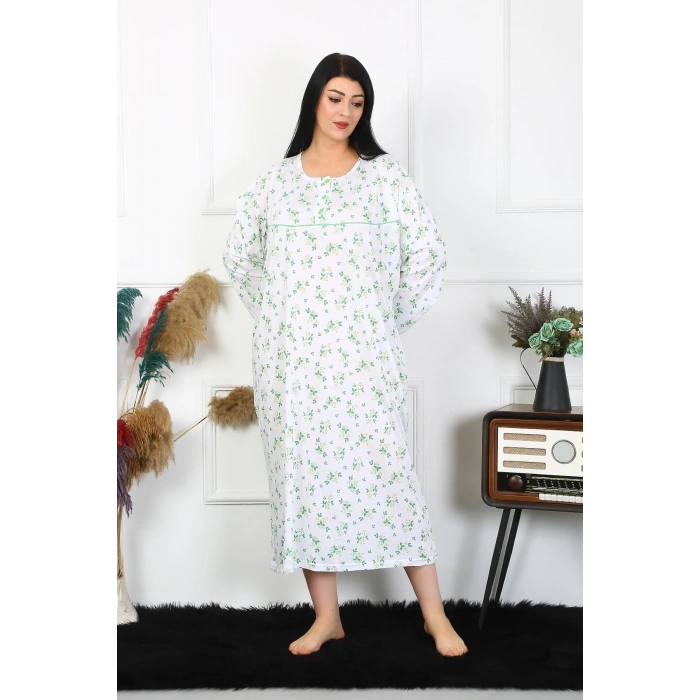 Moda Çizgi Kadın Büyük Beden Uzun Kol Beyaz Anne Gecelik 1363