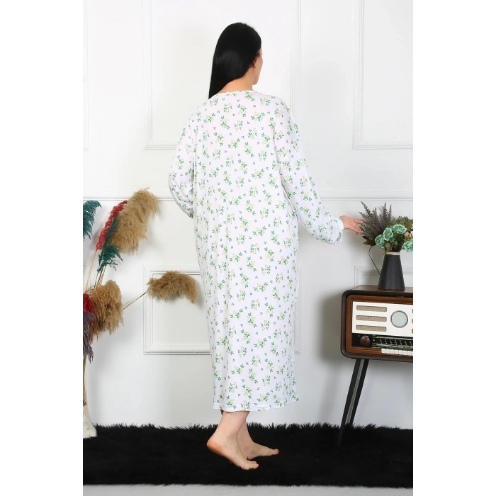 Moda Çizgi Kadın Büyük Beden Uzun Kol Beyaz Anne Gecelik 1363