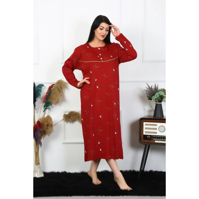 Moda Çizgi Kadın Büyük Beden Uzun Kol Bordo Anne Gecelik 1364