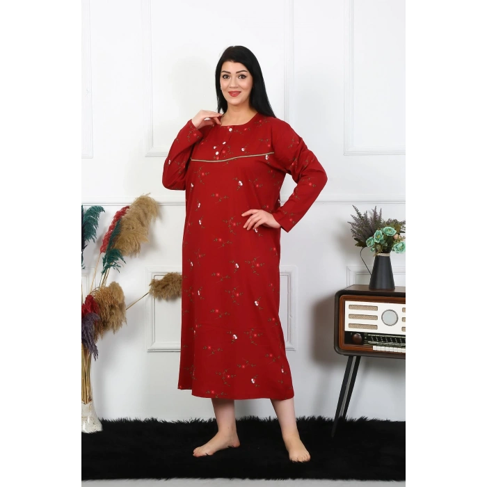 Moda Çizgi Kadın Büyük Beden Uzun Kol Bordo Anne Gecelik 1364