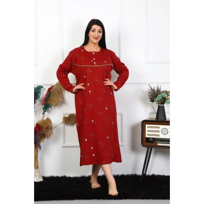Moda Çizgi Kadın Büyük Beden Uzun Kol Bordo Anne Gecelik 1364