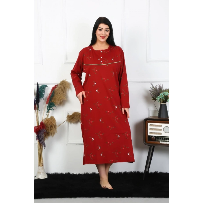 Moda Çizgi Kadın Büyük Beden Uzun Kol Bordo Anne Gecelik 1364