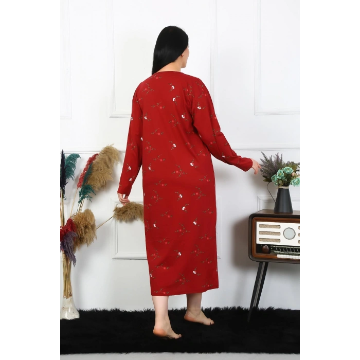 Moda Çizgi Kadın Büyük Beden Uzun Kol Bordo Anne Gecelik 1364